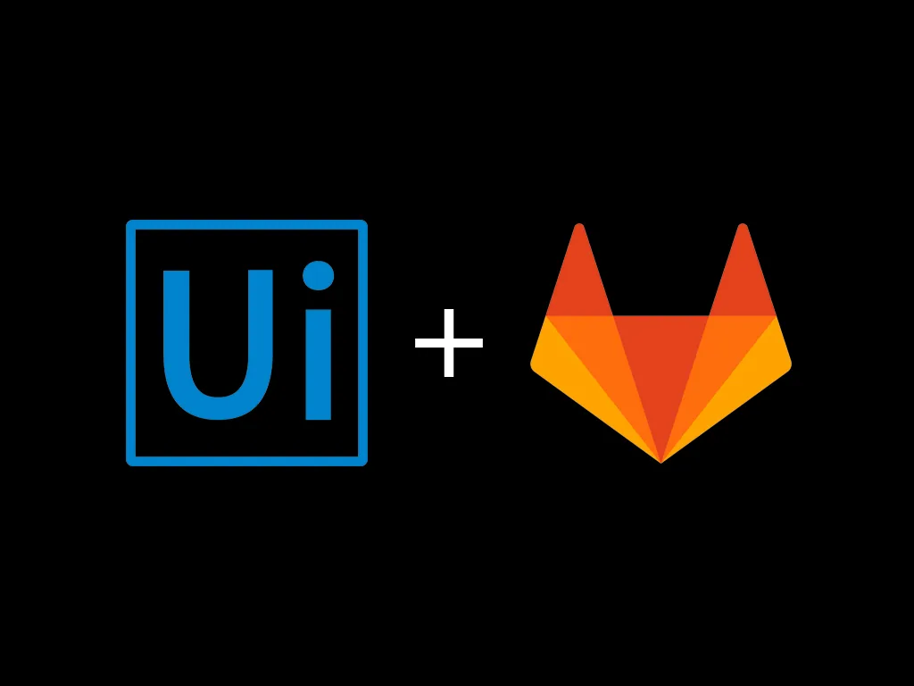 The UiPath and GitLab logos side by side, joined by a plus sign, on a black background.