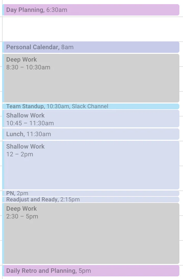 A day calendar blocked from 6:30am to 5pm, with two long grey Deep Work blocks in the morning and afternoon, separated by team standup, shallow work, and lunch.