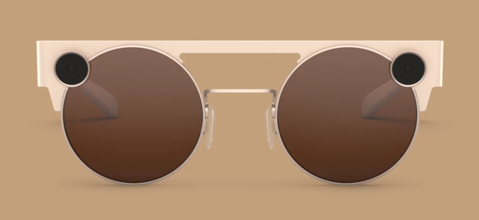 Round camera sunglasses with a cream-coloured metal frame and a small camera lens beside each hinge.