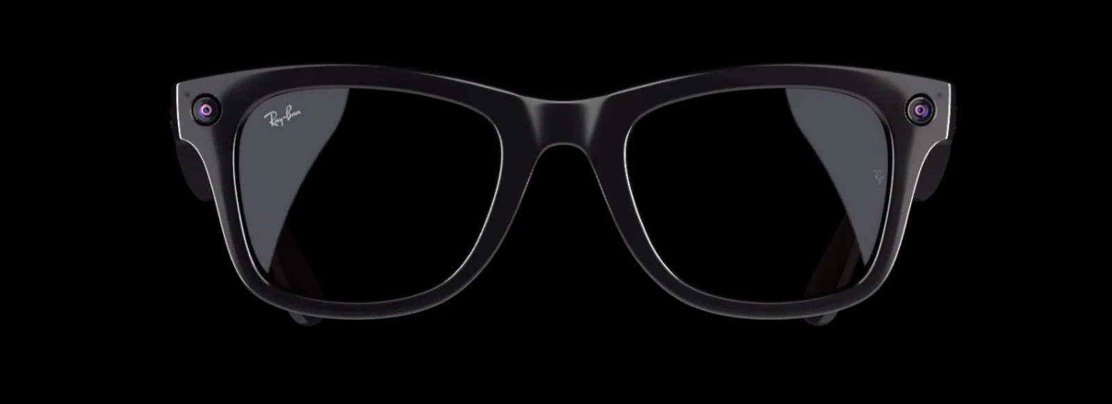 Black Wayfarer-style glasses with a small camera lens in each upper corner of the frame.